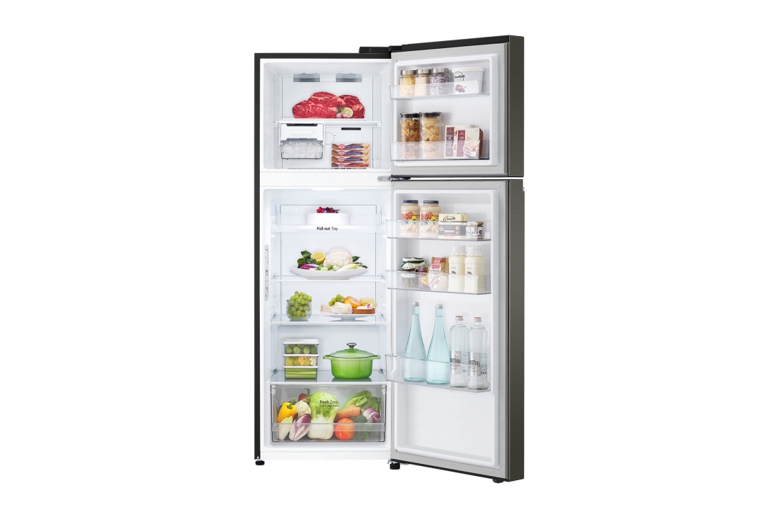 LG 395 hajmli | Yuqori sovutgichli LG kamerali muzlatgich | Qora  | DoorCooling+™ | HygieneFresh+™ | Smart Inverter Compressor, ichida mahsulotlari bilan oldindan ochiq koʻrinishi, GN-B332SBGB, thumbnail 2