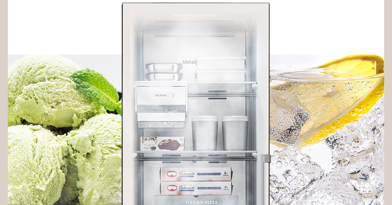 The inside of the product is transparent, cold air comes out, and unmelted ice and ice cream are shown next to the product image.