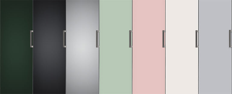 It shows 7 colors/materials of the freezer : Green, Silver and Matte Black of Stainless Steel, Mint, Pink, Beige and Silver of Mist Glass.