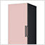 image is divided by 2 parts. 1/3 right part shows detailed view of the product focused on color and material. 2/3 left part shows the product is placed at the suitable space. the product is Larder Glass Pink.