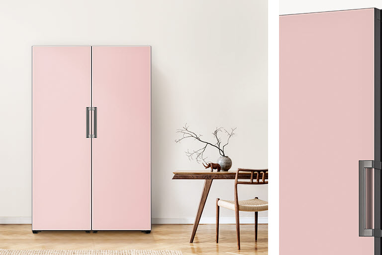 image is divided by 2 parts. 1/3 right part shows detailed view of the product focused on color and material. 2/3 left part shows the product is placed at the suitable space. the product is Larder Glass Pink.