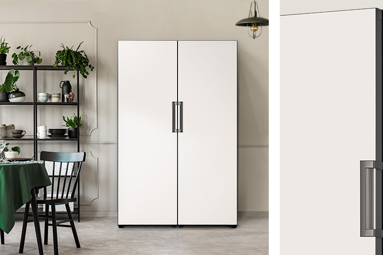 image is divided by 2 parts. 1/3 right part shows detailed view of the product focused on color and material. 2/3 left part shows the product is placed at the suitable space. the product is Larder Glass Beige.