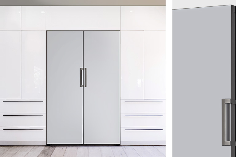 image is divided by 2 parts. 1/3 right part shows detailed view of the product focused on color and material. 2/3 left part shows the product is placed at the suitable space. the product is Larder Glass Silver.