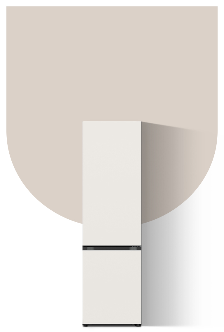 It shows a mist beige color LG Bottom Freezer Objet Collection.