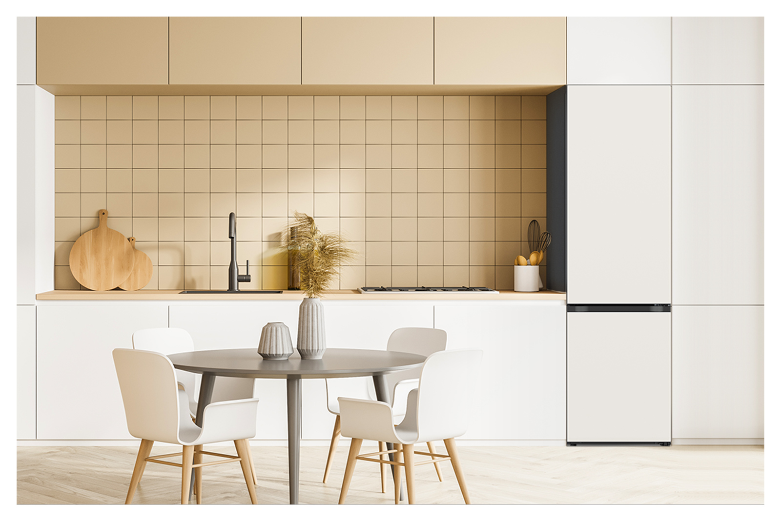 It shows mist beige color LG Bottom Freezer Objet Collection is placed in the kitchen that matches naturally to the furniture around.