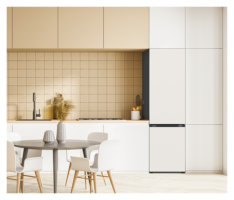 It shows mist beige color LG Bottom Freezer Objet Collection is placed in the kitchen that matches naturally to the furniture around.