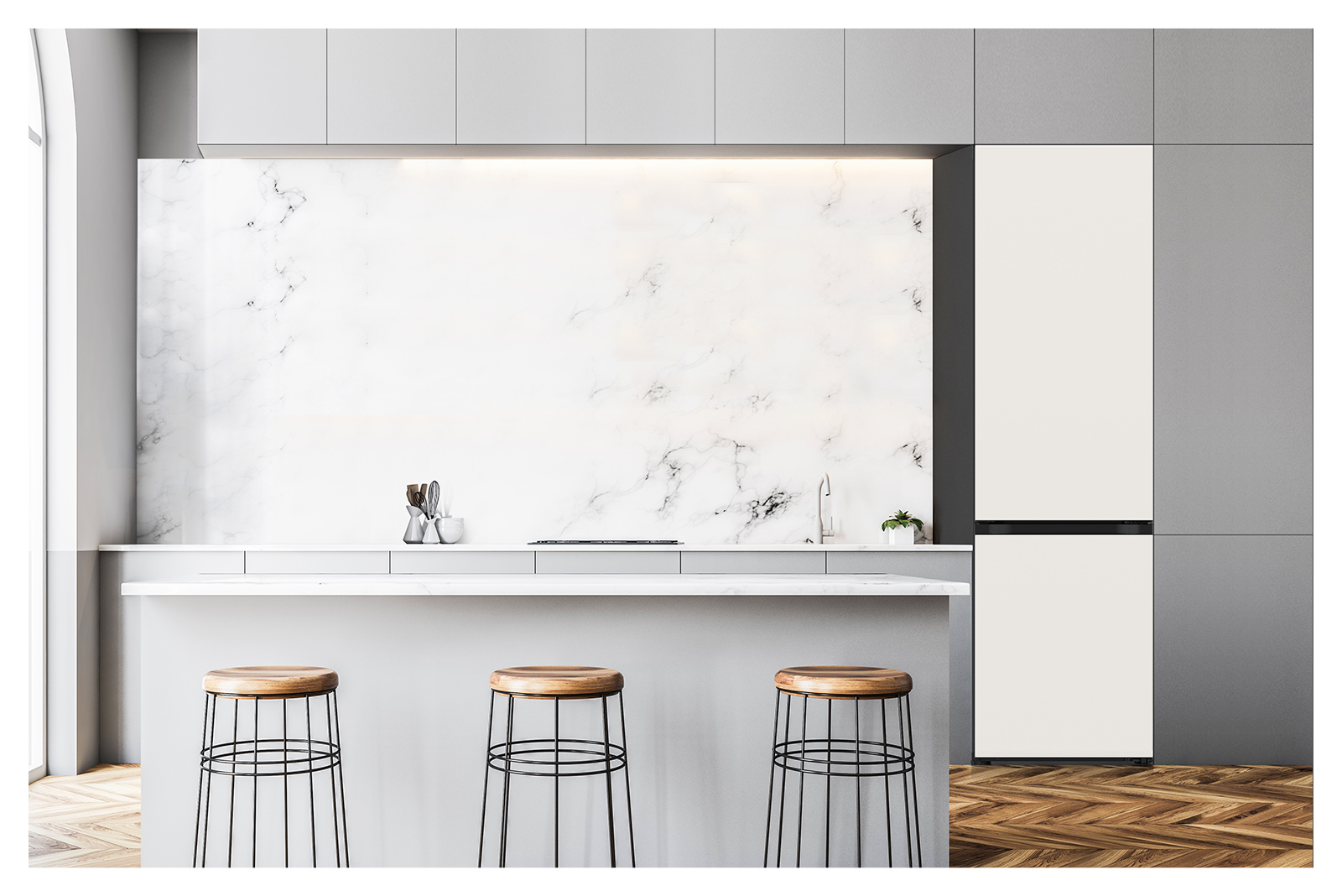 It shows mist beige color LG Bottom Freezer Objet Collection is placed in the kitchen that matches naturally to the furniture around.