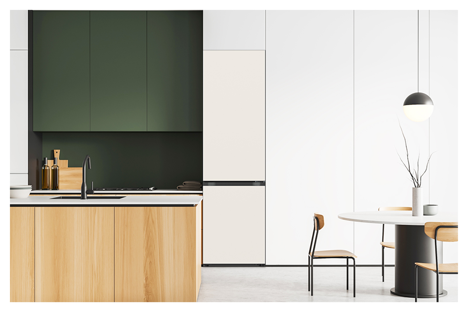 It shows mist beige color LG Bottom Freezer Objet Collection is placed in the kitchen that matches naturally to the furniture around.