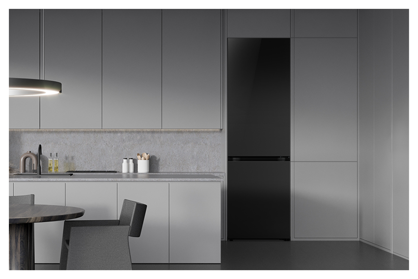 It shows black mirror color LG Bottom Freezer Objet Collection is placed in a dark-tone modern kitchen.