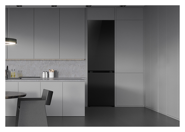 It shows black mirror color LG Bottom Freezer Objet Collection is placed in a dark-tone modern kitchen.