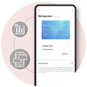 It shows a mobile screen and icons that introduce the functionality of the refrigerator.