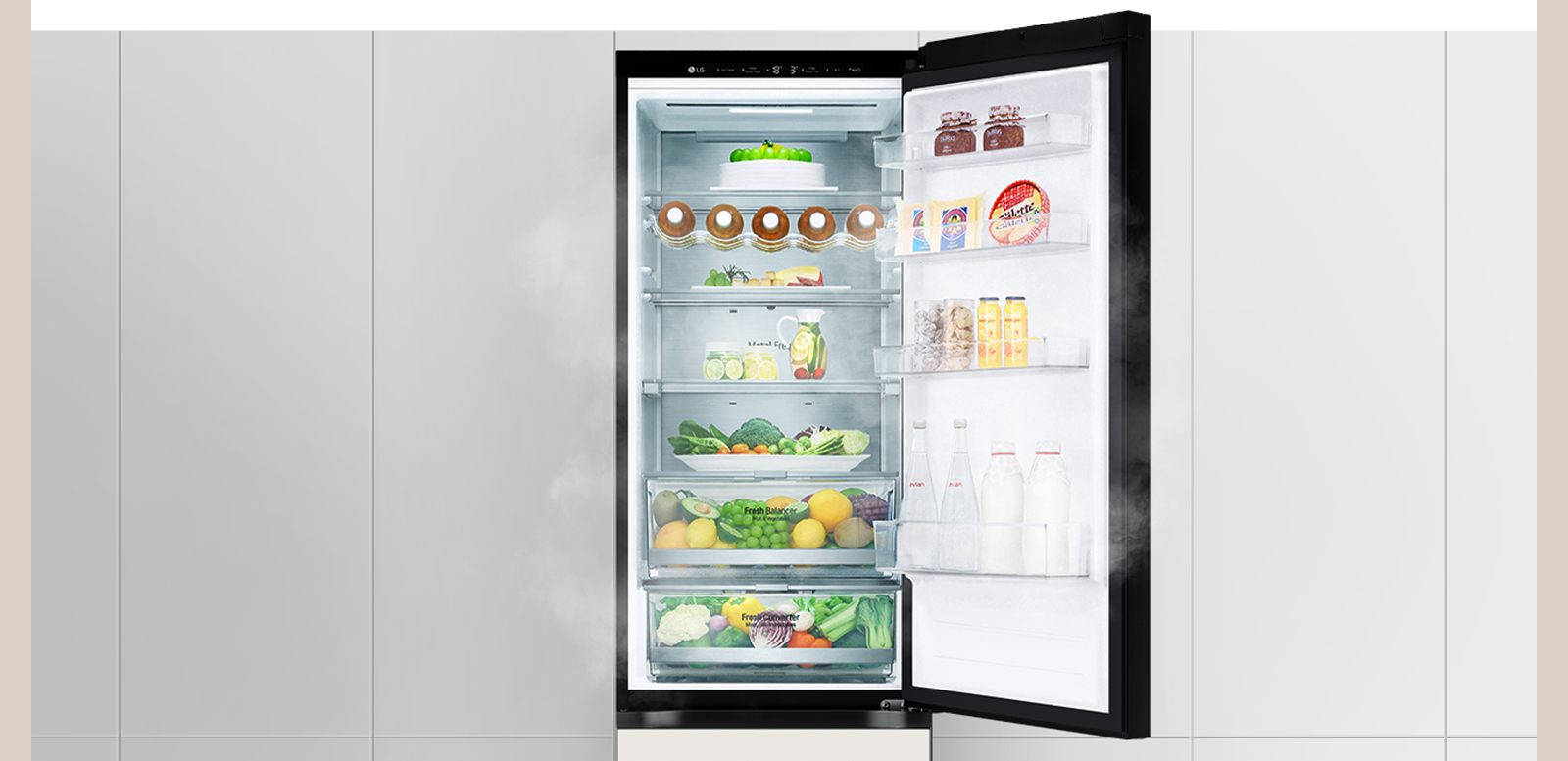 The first image shows the refrigerator with the top door open and filled with drinks and produce. The second image shows bright and vivid fruits and vegetables in a group.