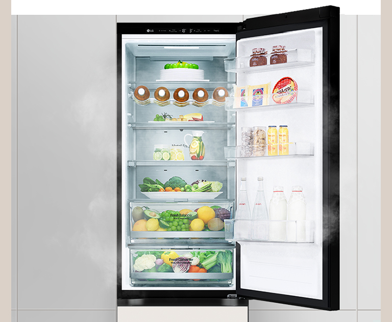 The first image shows the refrigerator with the top door open and filled with drinks and produce. The second image shows bright and vivid fruits and vegetables in a group.