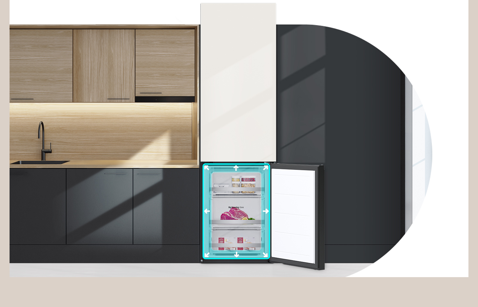 A refrigerator is shown blending with the shelving in the kitchen. The freezer part is open and filled with produce. A neon square with arrows is shown around the edge of the refrigerator space to show freezer is more space inside.