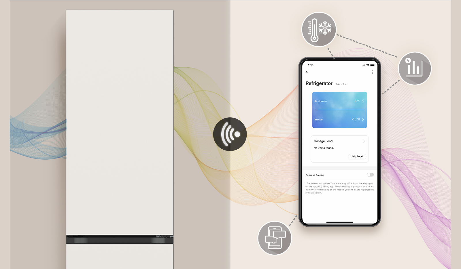 This image shows a Bottom Freezer and a mobile phone with ThinQ screen. Around the mobile phone, icons that introduce ThinQ functions are displayed.