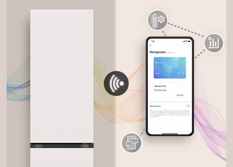 This image shows a Bottom Freezer and a mobile phone with ThinQ screen. Around the mobile phone, icons that introduce ThinQ functions are displayed.