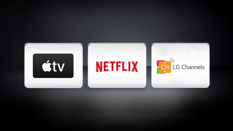 LG Channels, Apple TV va Netflix logotiplari qora fonda.