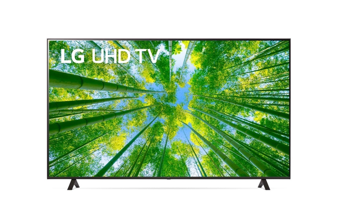 LG televizori | UQ80 | 75'' | 4K | Smart UHD | 60 Gz, LG UHD televizorining toʻldiruvchi rasm va mahsulot logotipi bilan old tomondan koʻrinishi, 75UQ80006LB