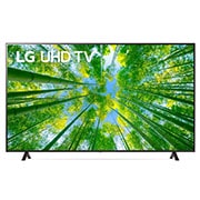 LG televizori | UQ80 | 75'' | 4K | Smart UHD | 60 Gz, LG UHD televizorining toʻldiruvchi rasm va mahsulot logotipi bilan old tomondan koʻrinishi, 75UQ80006LB, thumbnail 1