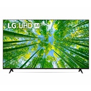 LG televizori | UQ80 | 50'' | 4K | Smart UHD | 60 Gz, LG UHD televizorining toʻldiruvchi rasm va mahsulot logotipi bilan old tomondan koʻrinishi, 50UQ80006LB, thumbnail 1