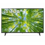 LG televizori | UQ80 | 43'' | 4K | Smart UHD | 60 Gz, LG UHD televizorining toʻldiruvchi rasm va mahsulot logotipi bilan old tomondan koʻrinishi, 43UQ80006LB, thumbnail 1