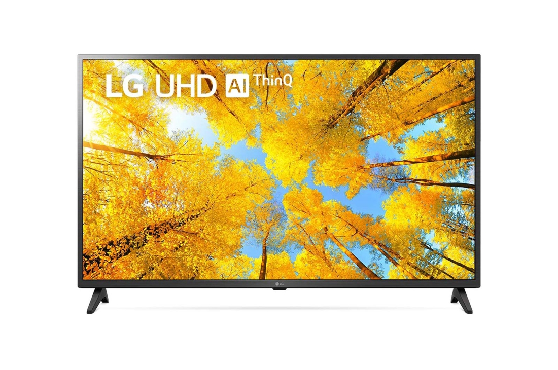 LG televizori | UQ75 | 43'' | 4K | Smart UHD | 60 Gz, LG UHD televizorining toʻldiruvchi rasm va mahsulot logotipi bilan old tomondan koʻrinishi, 43UQ75006LF