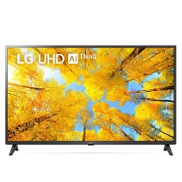 LG UHD televizorining toʻldiruvchi rasm va mahsulot logotipi bilan old tomondan koʻrinishi2