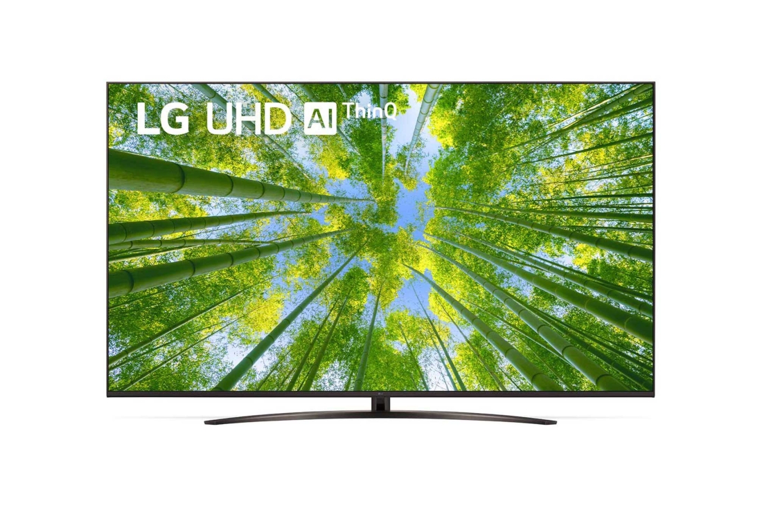 LG televizori |UQ81 | 75'' | 4K | Smart UHD | 60 Gz, LG UHD televizorining toʻldiruvchi rasm va mahsulot logotipi bilan old tomondan koʻrinishi, 75UQ81009LC