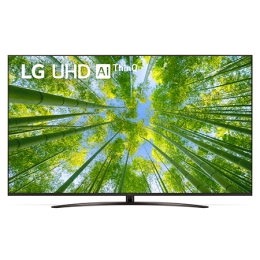 LG UHD televizorining toʻldiruvchi rasm va mahsulot logotipi bilan old tomondan koʻrinishi2