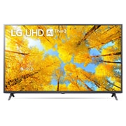 LG televizori | UQ76 | 65'' | 4K | Smart UHD | 60 Gz, LG UHD televizorining toʻldiruvchi rasm va mahsulot logotipi bilan old tomondan koʻrinishi, 65UQ76003LD, thumbnail 1