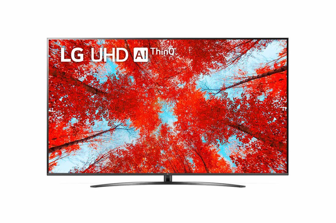 LG televizori | UQ91 | 75'' | 4K | Smart UHD | 120 Gz, LG UHD televizorining toʻldiruvchi rasm va mahsulot logotipi bilan old tomondan koʻrinishi, 75UQ91009LD