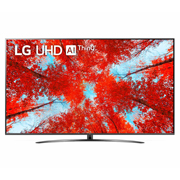 LG televizori | UQ91 | 75'' | 4K | Smart UHD | 120 Gz, LG UHD televizorining toʻldiruvchi rasm va mahsulot logotipi bilan old tomondan koʻrinishi, 75UQ91009LD, thumbnail 1