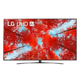 LG UHD televizorining toʻldiruvchi rasm va mahsulot logotipi bilan old tomondan koʻrinishi2