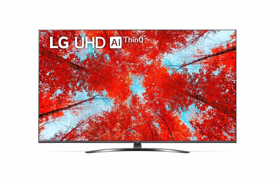 LG televizori | UQ91 | 55'' | 4K | Smart UHD | 120 Gz, LG UHD televizorining toʻldiruvchi rasm va mahsulot logotipi bilan old tomondan koʻrinishi, 55UQ91009LD
