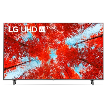 LG UHD televizorining toʻldiruvchi rasm va mahsulot logotipi bilan old tomondan koʻrinishi1