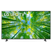 LG televizori | UQ80 | 70'' | 4K | Smart UHD | 60 Gz, LG UHD televizorining toʻldiruvchi rasm va mahsulot logotipi bilan old tomondan koʻrinishi, 70UQ80006LB, thumbnail 1