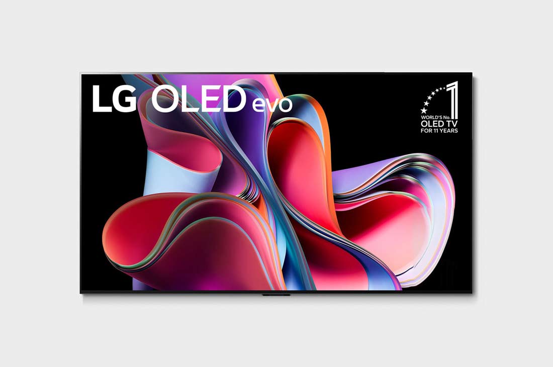 LG 77 duymli LG OLED evo G3 4K Smart TV 2023, LG OLED evo, dunyodagi 1-raqamli 11-yillik va ekranda panelga 5 yillik kafolat logotipining old tomondan koʻrinishi, OLED77G3RLA