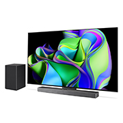 LG 65 duymli LG OLED evo C3 4K Smart TV 2023, Pastda Saundbar va yon tomonda qoʻshimcha karnay bilan oʻngga qaragan kichik burchak ostidagi yondan koʻrinishi. , OLED65C3RLA, thumbnail 2