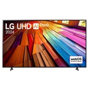 LG 86 dyuymli LG UHD UT81 4K Smart TV 2024, LG UHD TV, UT81 televizorining LG UHD AI ThinQ, 2024 matni va ekranda webOS Re:New Program log logotipi bilan old tomondan ko‘rinishi, 86UT81006LA, thumbnail 1