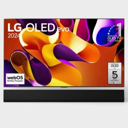 LG OLED evo, OLED G4 televizorining oldingi ko‘rinishi, "11 yil davomida OLED №1" logotipi va ekranda webOS Re:New logotipi, shuningdek, saundbar ko'rinishi.2