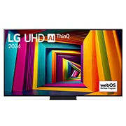 LG 65 dyuymli LG UHD UT91 4K Smart TV 2024, LG UHD TV, UT91 televizorining LG UHD AI ThinQ, 2024 matni va ekranda webOS Re:New Program log logotipi bilan old tomondan ko‘rinishi, 65UT91006LA, thumbnail 1