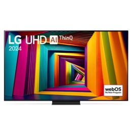 LG UHD TV, UT91 televizorining LG UHD AI ThinQ, 2024 matni va ekranda webOS Re:New Program log logotipi bilan old tomondan ko‘rinishi2