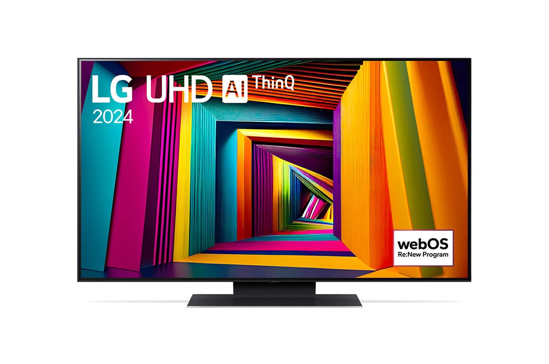LG 50 dyuymli LG UHD UT91 4K Smart TV 2024, LG UHD TV, UT91 televizorining LG UHD AI ThinQ, 2024 matni va ekranda webOS Re:New Program log logotipi bilan old tomondan ko‘rinishi, 50UT91006LA