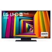 LG 50 dyuymli LG UHD UT91 4K Smart TV 2024, LG UHD TV, UT91 televizorining LG UHD AI ThinQ, 2024 matni va ekranda webOS Re:New Program log logotipi bilan old tomondan ko‘rinishi, 50UT91006LA, thumbnail 1