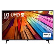 LG 43 dyuymli LG UHD UT80 4K Smart TV 2024, LG UHD TV, UT81 televizorining LG UHD AI ThinQ, 2024 matni va ekranda webOS Re:New Program log logotipi bilan old tomondan ko‘rinishi, 43UT81009LB, thumbnail 1