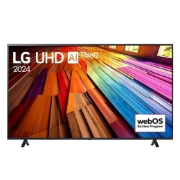 LG UHD TV, UT80 televizorining LG UHD AI ThinQ, 2024 matni va ekranda webOS Re:New Program log logotipi bilan old tomondan ko‘rinishi2
