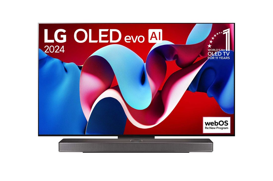 LG 55 dyuymli Smart TV LG OLED evo С4 4K OLED55С4, LG OLED evo, OLED C4 televizorining oldingi ko‘rinishi, "11 yil davomida OLED №1" logotipi va ekranda webOS Re:New logotipi, shuningdek, pastki qismidagi saundbar., OLED55C4RLA