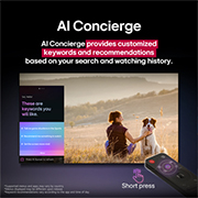 LG 65 Dyuym LG UHD AI UA75 4K Smart TV 2025, LG AI Magic Remote LG TV ekranining oldida. Ekranda LG AI xizmatidan foydalanuvchining qidiruv va tomosha tarixiga asoslangan shaxsiy kalit so‘zlar bilan moslashtirilgan tabriknomasi mavjud. Masofadan, 65UA75009LA, thumbnail 12