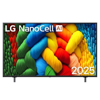 Vedere din față a unui LG NanoCell TV, NANO82, cu textul LG NanoCell 2024 și logo-ul webOS Re:New Program pe ecran