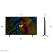 LG 50 dyuymli LG NanoCell AI NANO81 4K Smart TV 2025, LG NanoCell NANO80 AI 4K Smart televizorining uzunligi, kengligi, balandligi va chuqurlik o‘lchamlarini ko‘rsatadigan old va yon tomondan ko‘rinishi., 50NANO81A6A, thumbnail 4